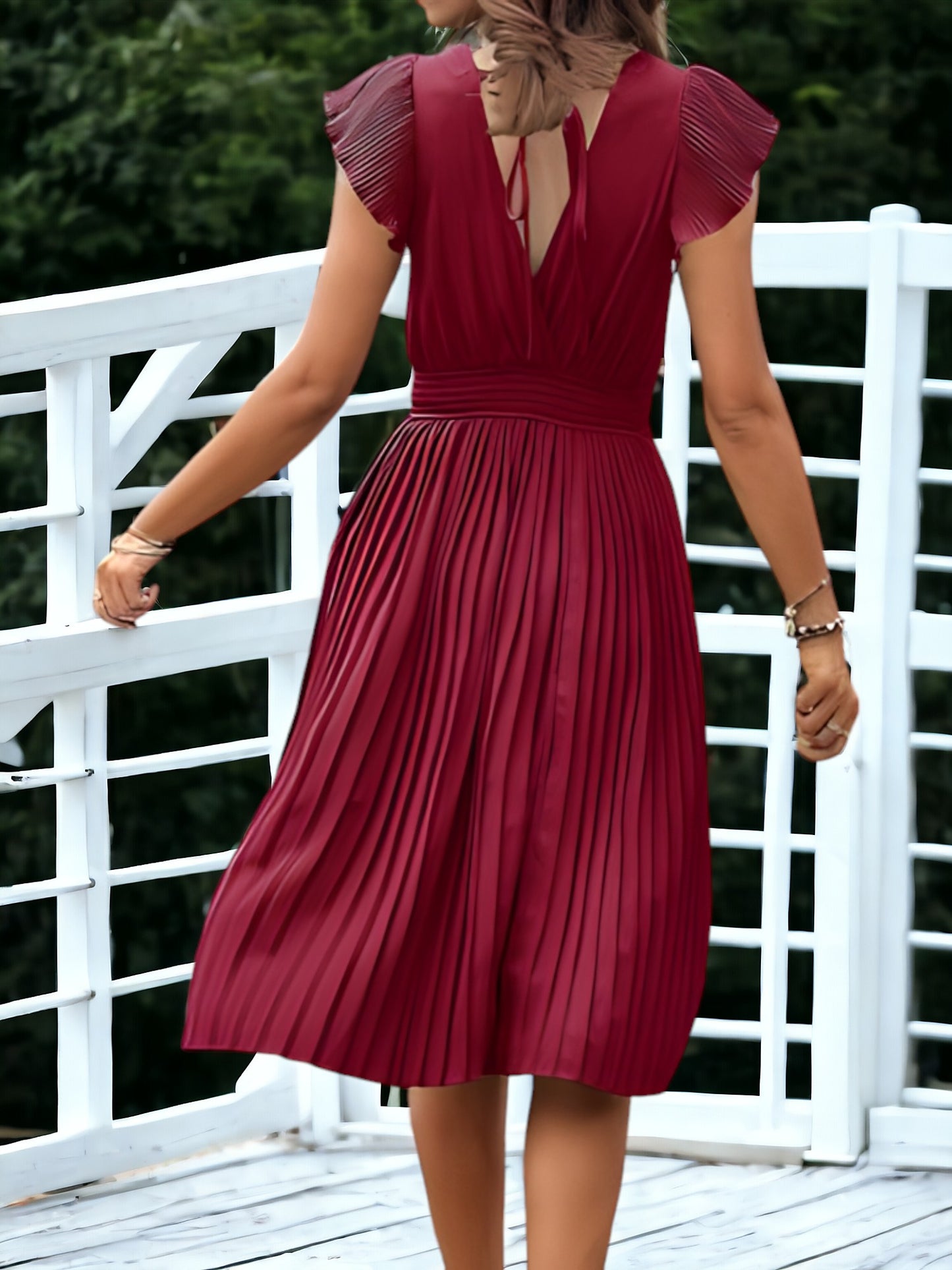 V-Neck And Smock Waisted Pleated Midi Dress