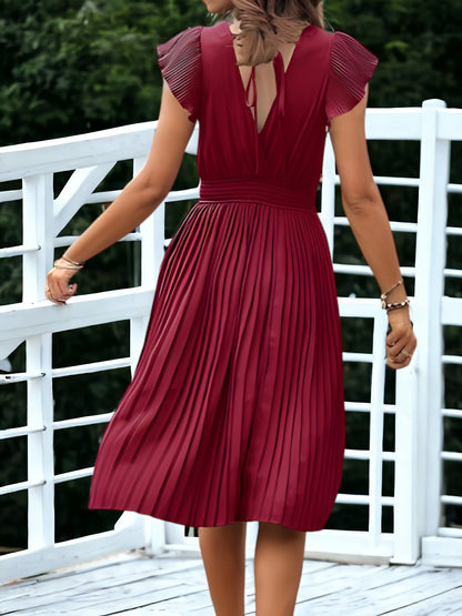 V-Neck And Smock Waisted Pleated Midi Dress