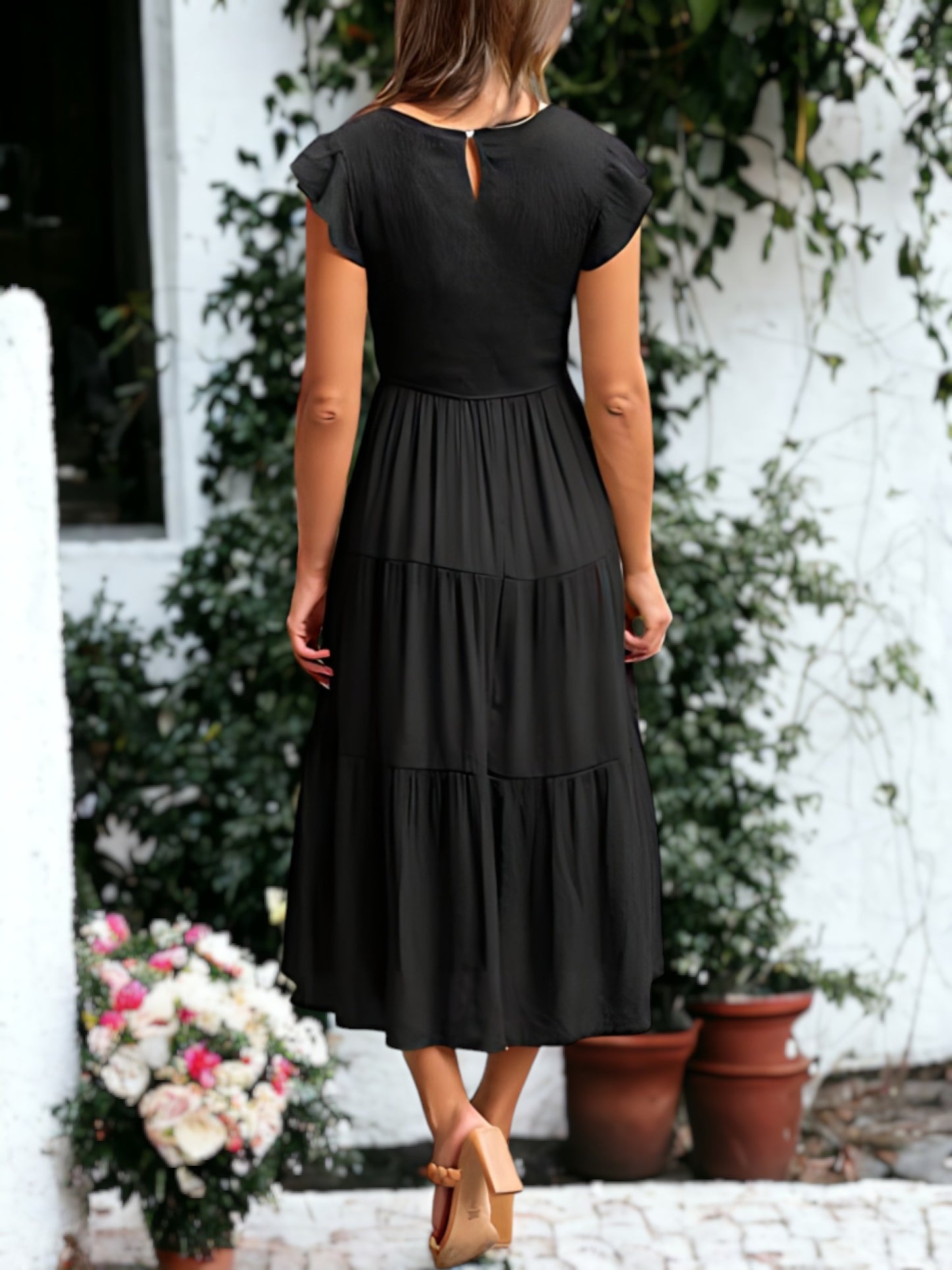 Shirred Ruffle Sleeve Midi Dress