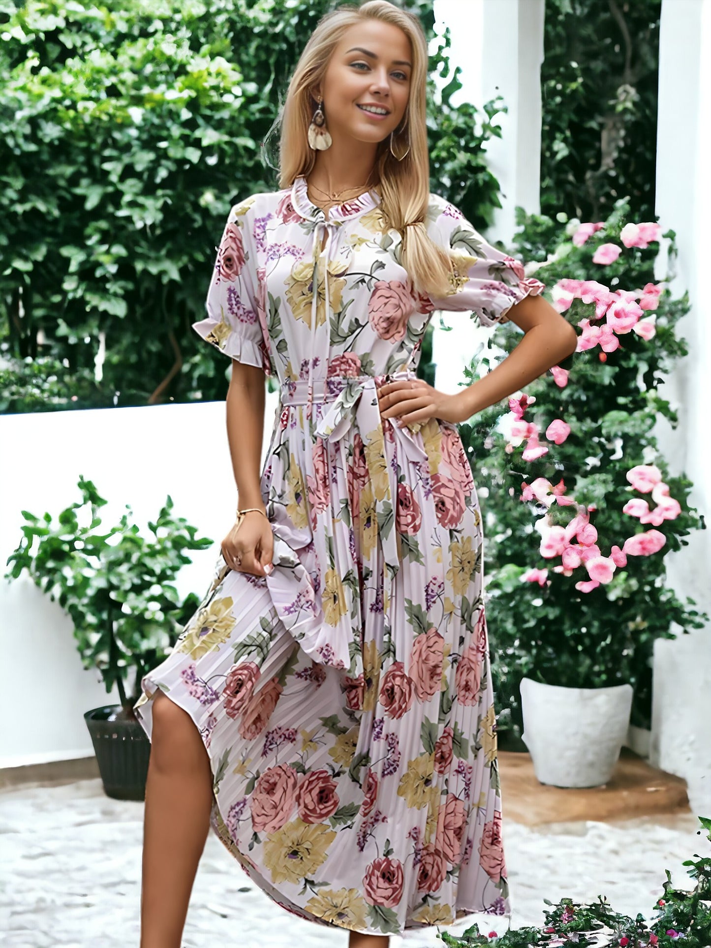 Ruffle Neck Pleated Dress
