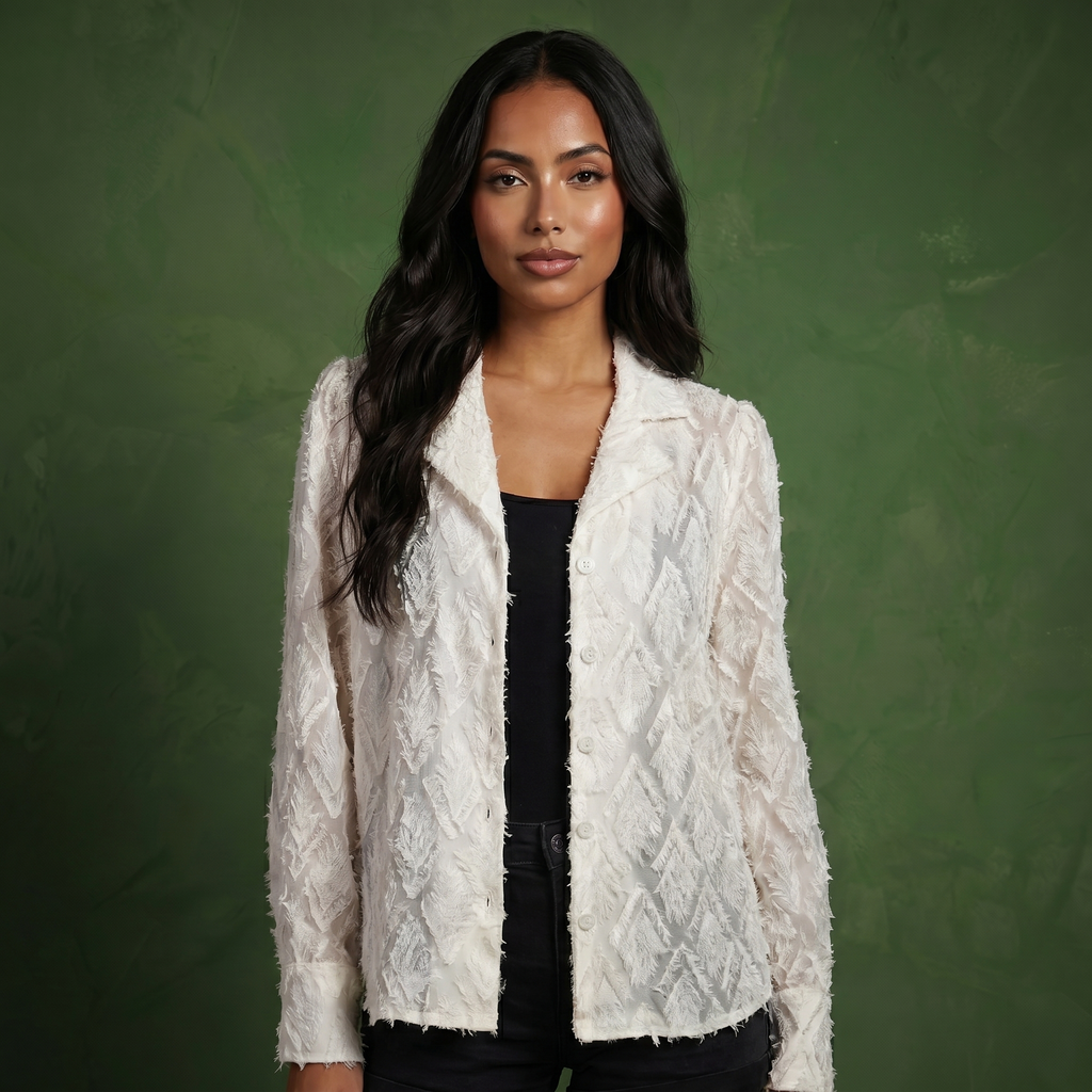 Anna-Kaci Women's Long Sleeve Button-Up Textured Sheer Blouse with Collared Neckline and Subtle Diamond Pattern