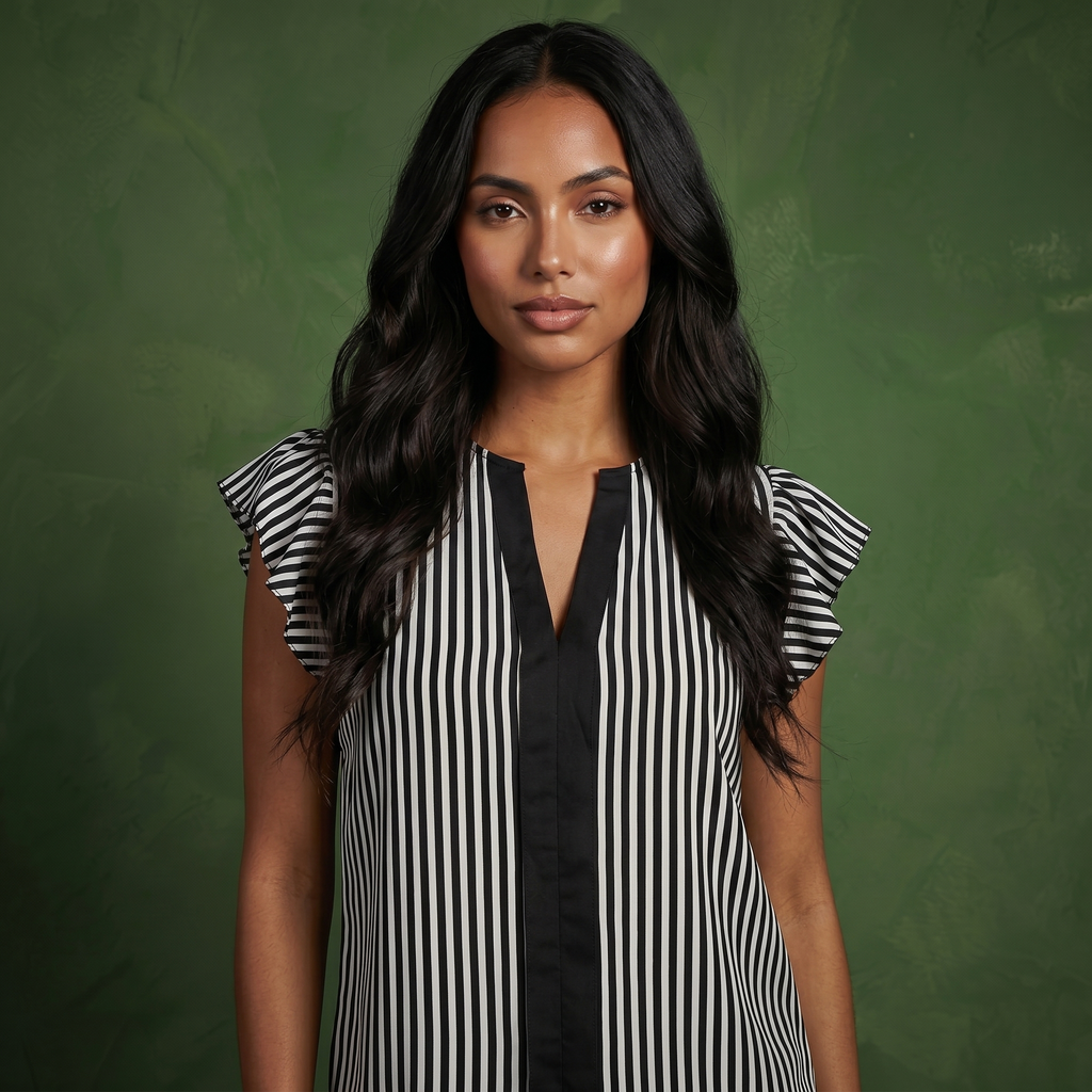 Anna-Kaci Vertical Stripe Flutter Sleeve Blouse with Split Neck Contrast Panel