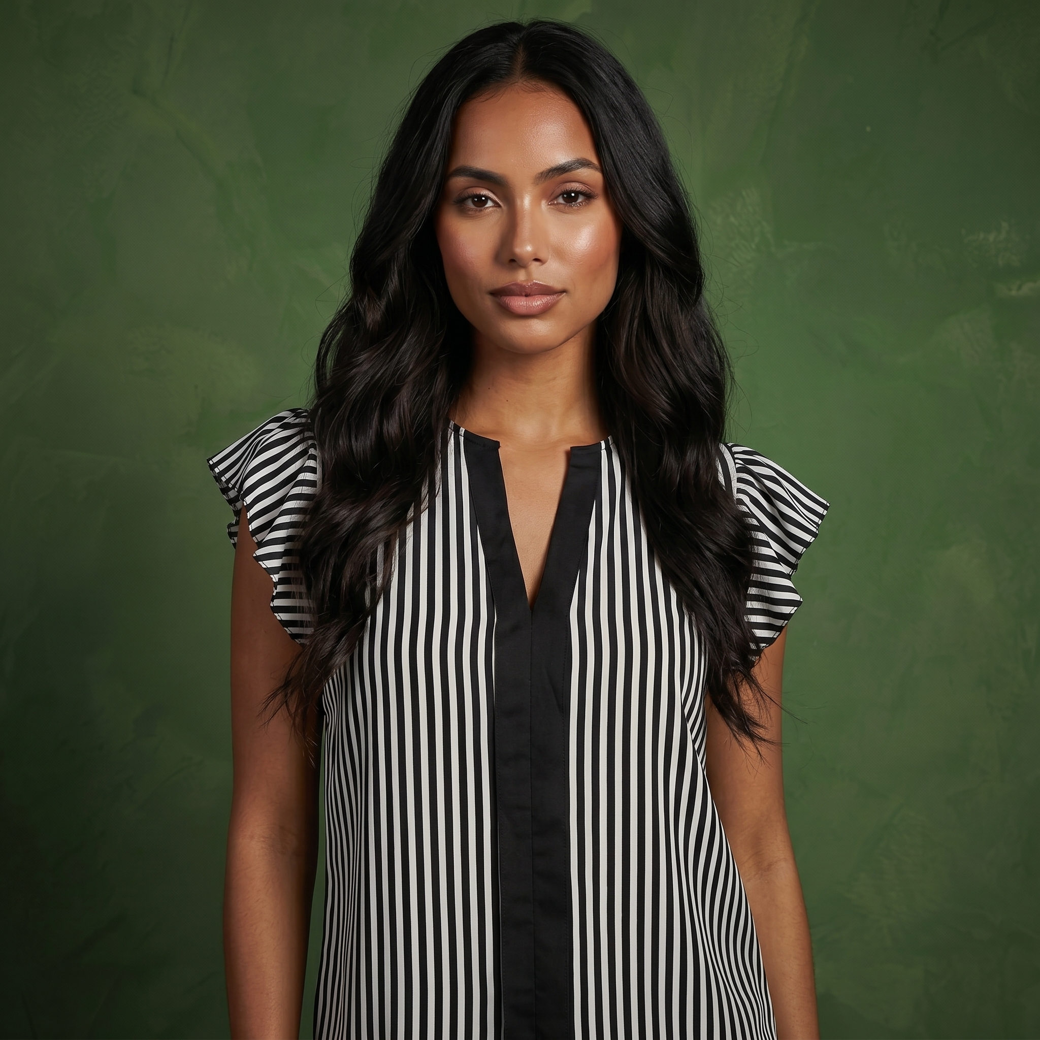 Anna-Kaci Vertical Stripe Flutter Sleeve Blouse with Split Neck Contrast Panel