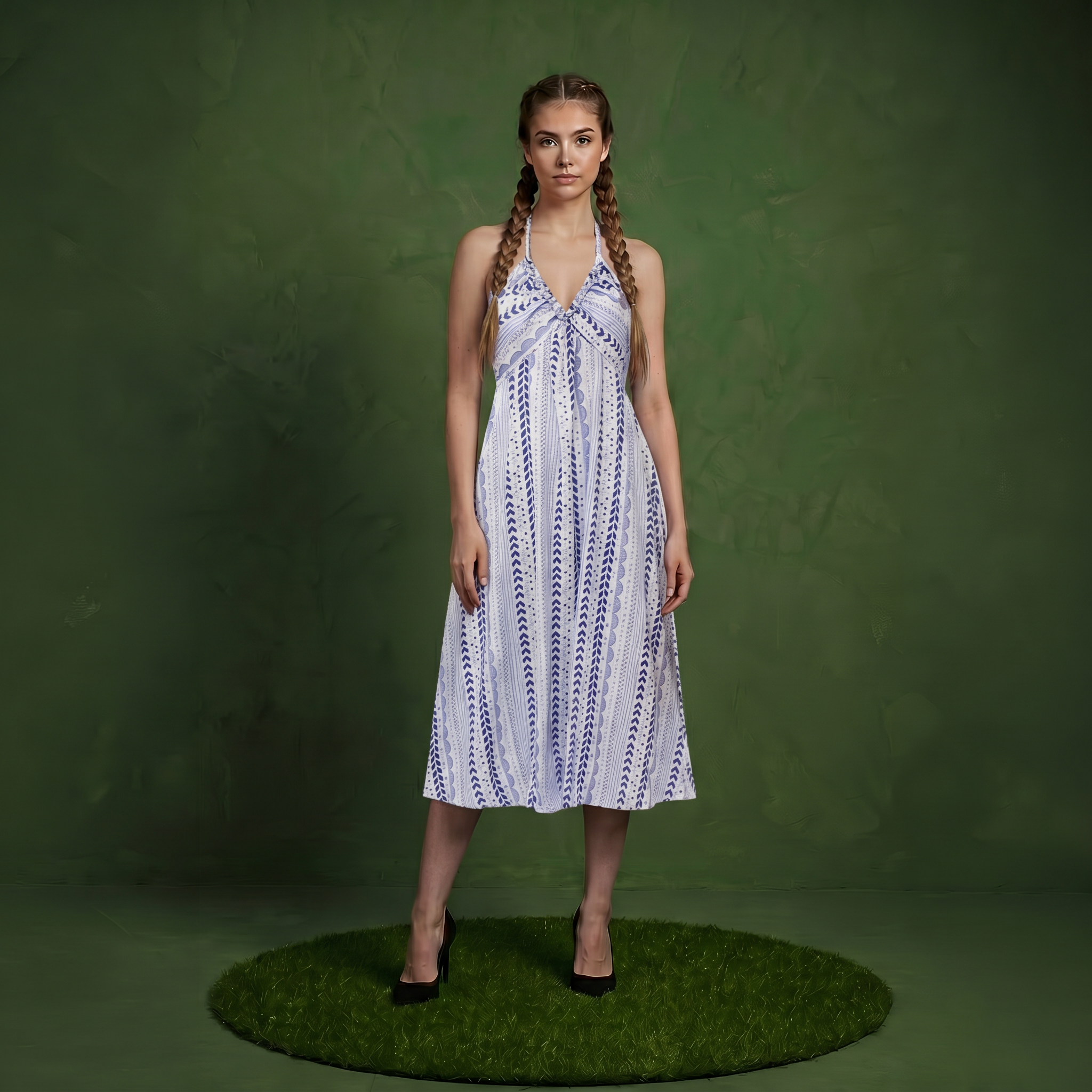 Anna-Kaci Women's Halter Neck Midi Dress with V Neckline Smocked Bodice and Flowing A-Line Skirt