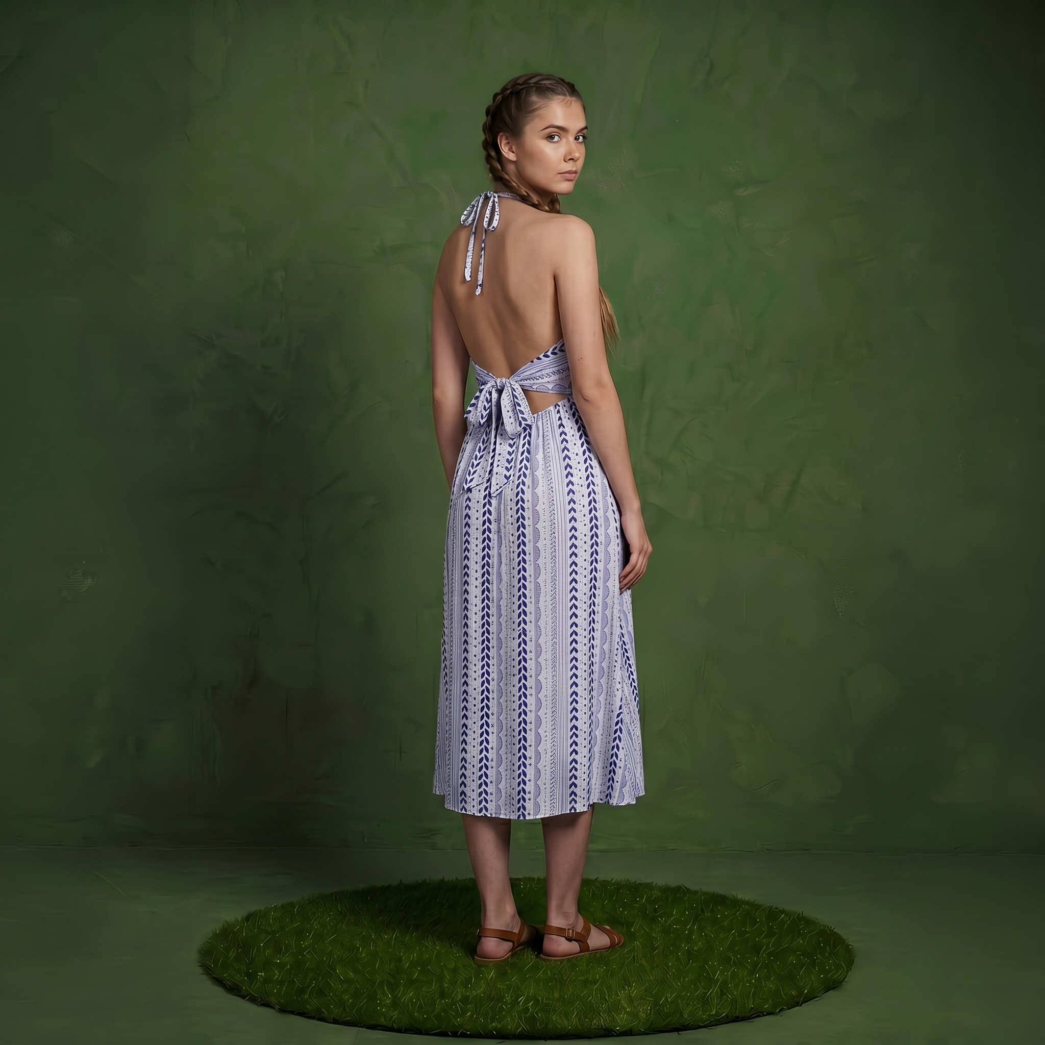 Anna-Kaci Women's Halter Neck Midi Dress with V Neckline Smocked Bodice and Flowing A-Line Skirt