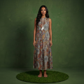 Anna-Kaci Women's Sleeveless Maxi Dress with Mixed Print Design and Tie Neck Detail