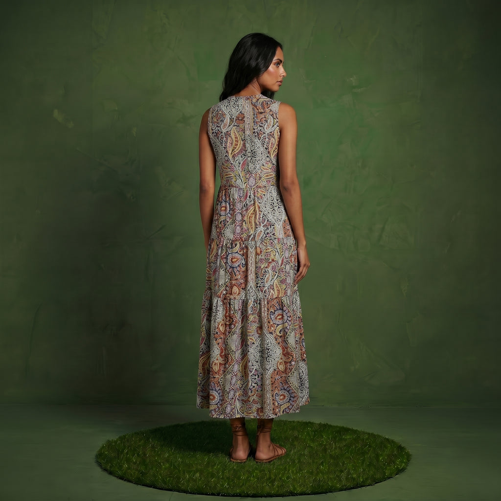 Anna-Kaci Women's Sleeveless Maxi Dress with Mixed Print Design and Tie Neck Detail