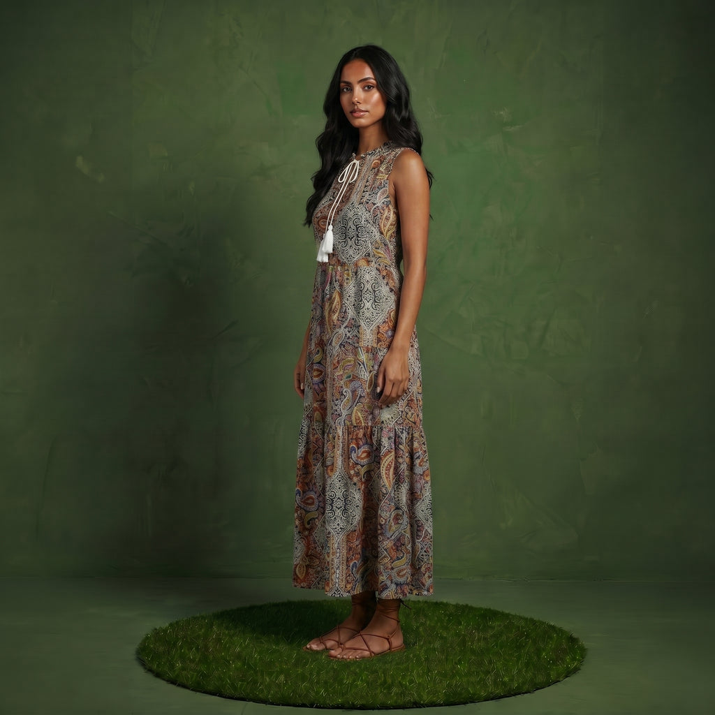 Anna-Kaci Women's Sleeveless Maxi Dress with Mixed Print Design and Tie Neck Detail