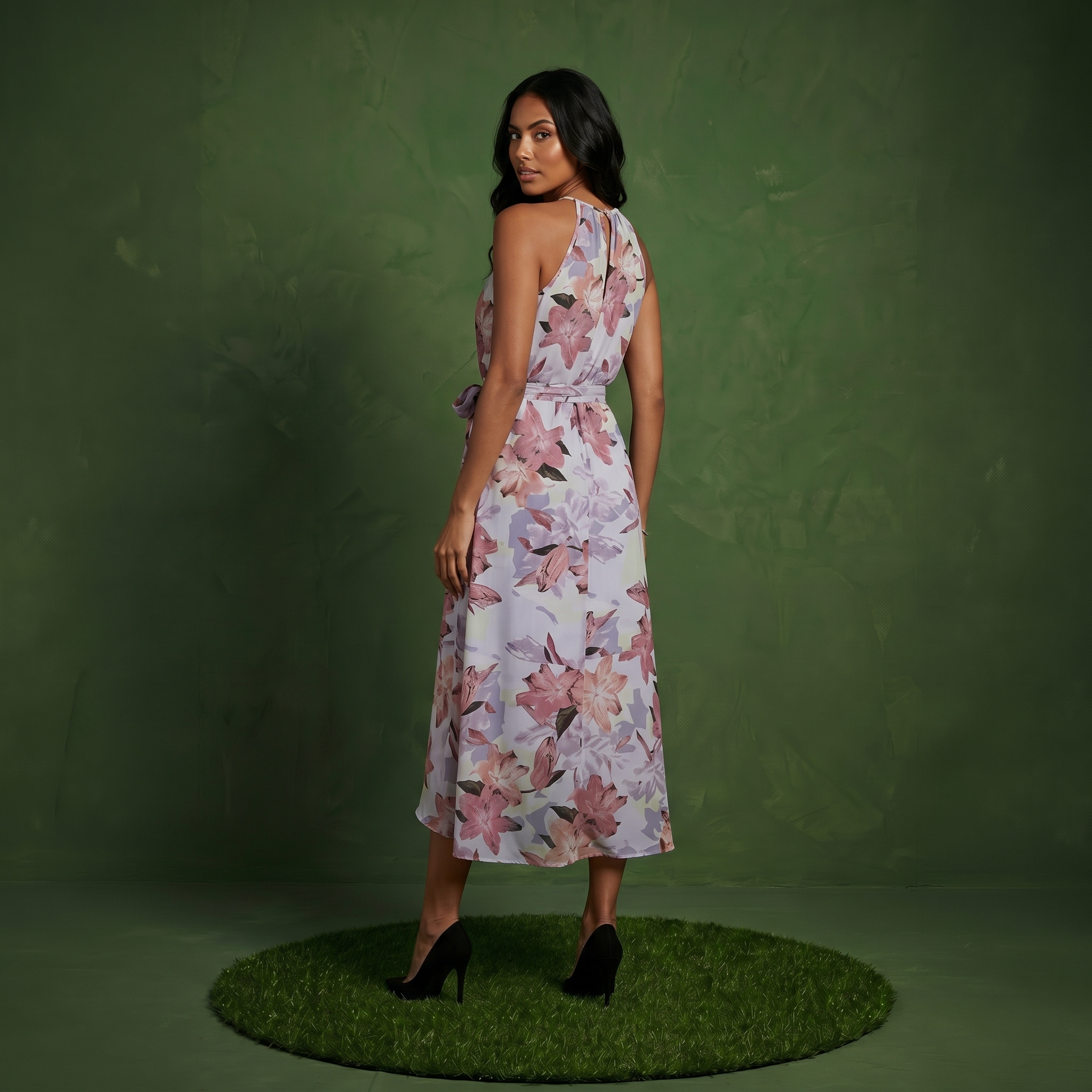Anna-Kaci Women's Halter Neck Midi Dress with Floral Print and Asymmetrical Hem