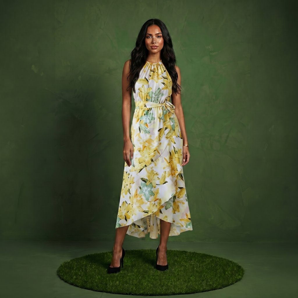 Anna-Kaci Women's Halter Neck Midi Dress with Floral Print and Asymmetrical Hem