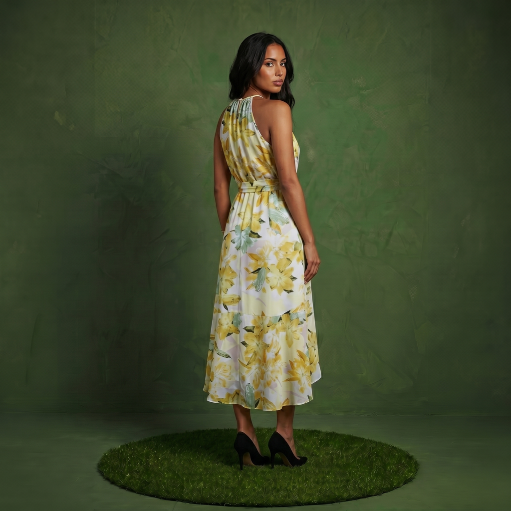 Anna-Kaci Women's Halter Neck Midi Dress with Floral Print and Asymmetrical Hem