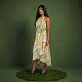Anna-Kaci Women's Halter Neck Midi Dress with Floral Print and Asymmetrical Hem