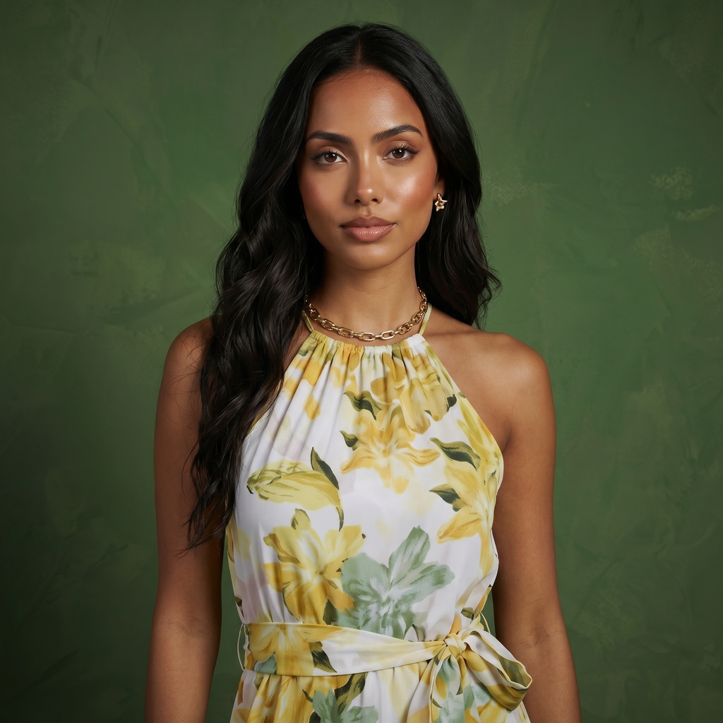 Anna-Kaci Women's Halter Neck Midi Dress with Floral Print and Asymmetrical Hem