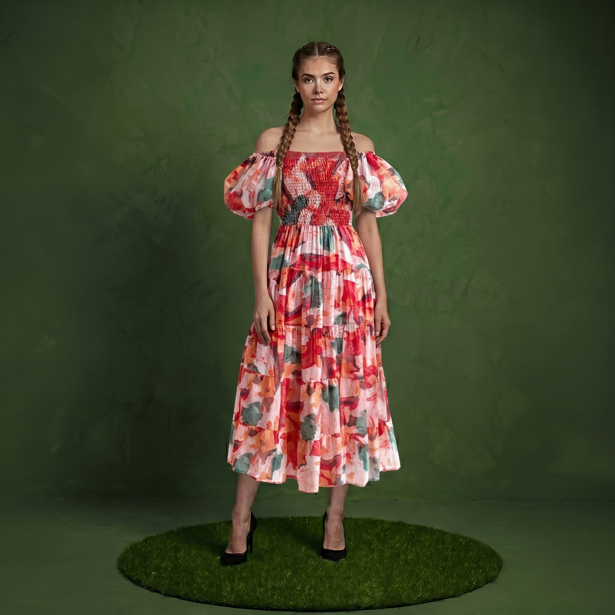 Anna-Kaci Women's Off Shoulder Maxi Dress with Smocked Bodice and Tiered Skirt