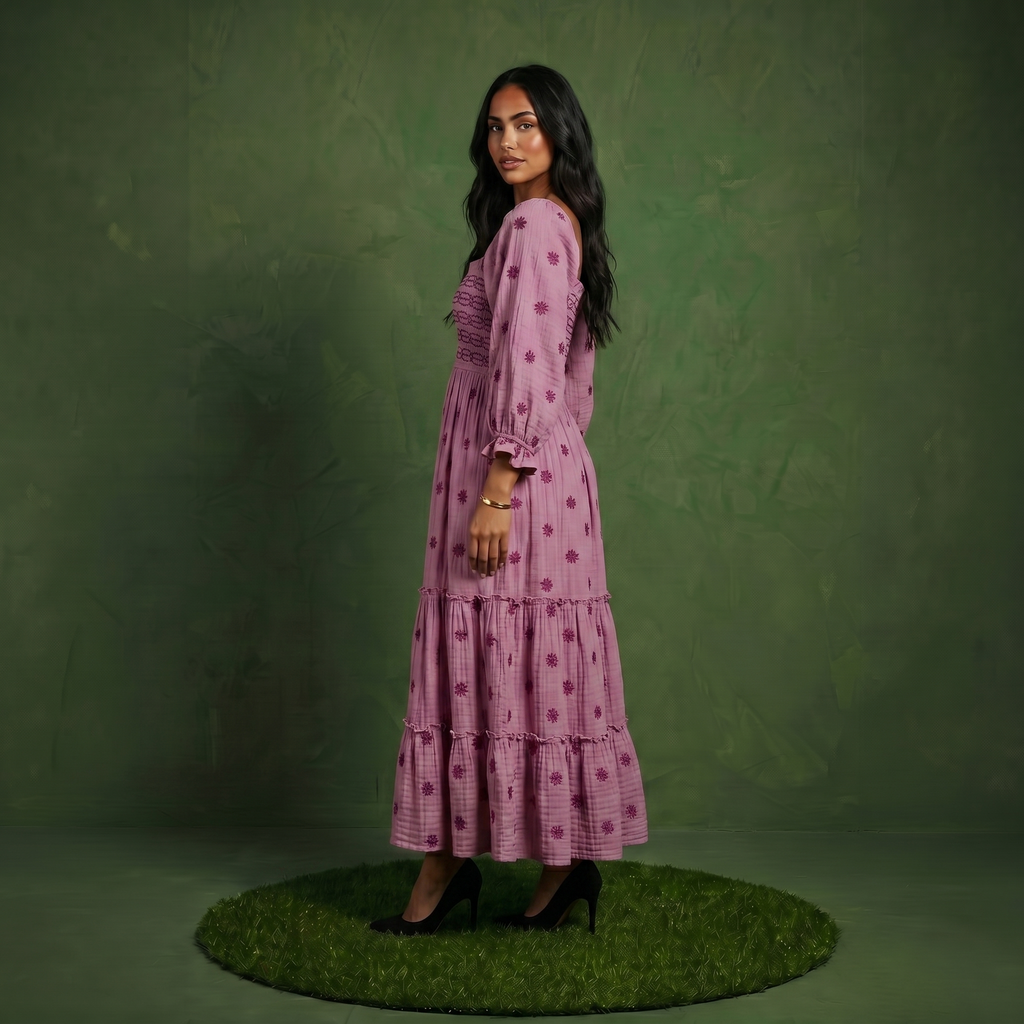 Anna-Kaci Women's Smocked Square Neck Maxi Dress with Embroidered Floral Pattern Puff Sleeves