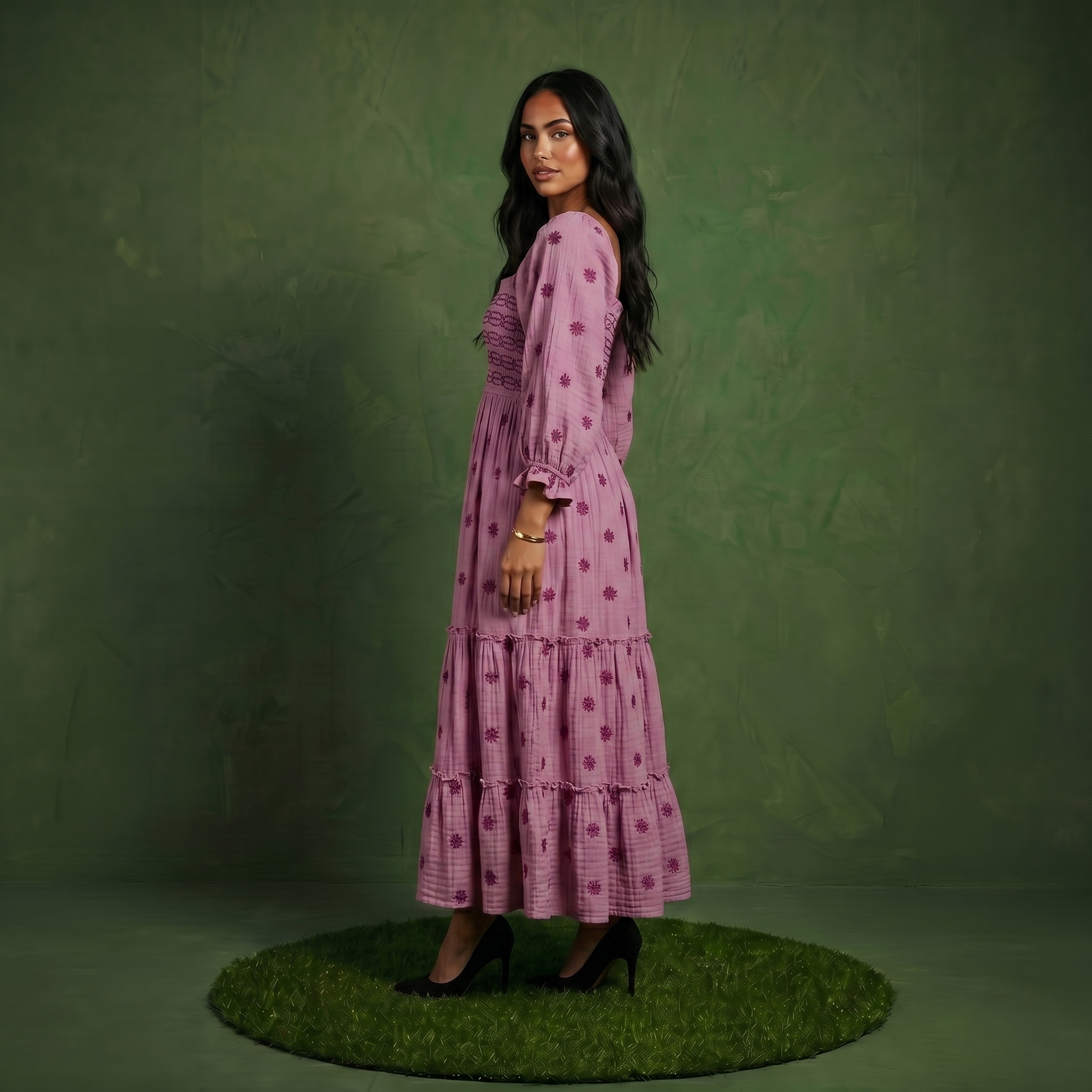 Anna-Kaci Women's Smocked Square Neck Maxi Dress with Embroidered Floral Pattern Puff Sleeves