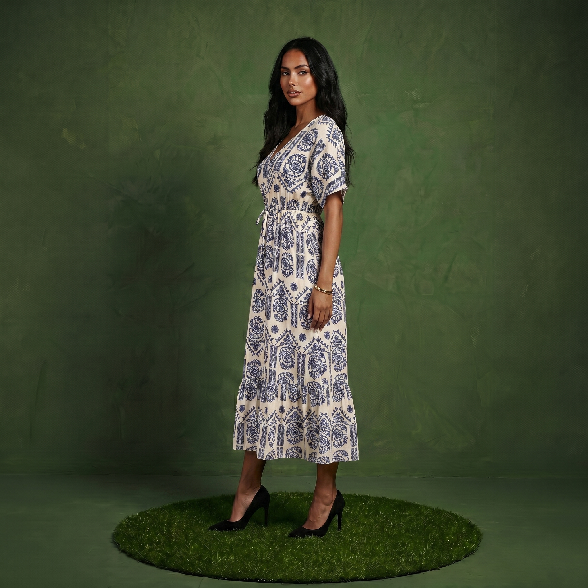 Anna-Kaci Short Sleeve Printed Midi Dress with V Neckline Drawstring Waist and Tiered Flowy Silhouette Design
