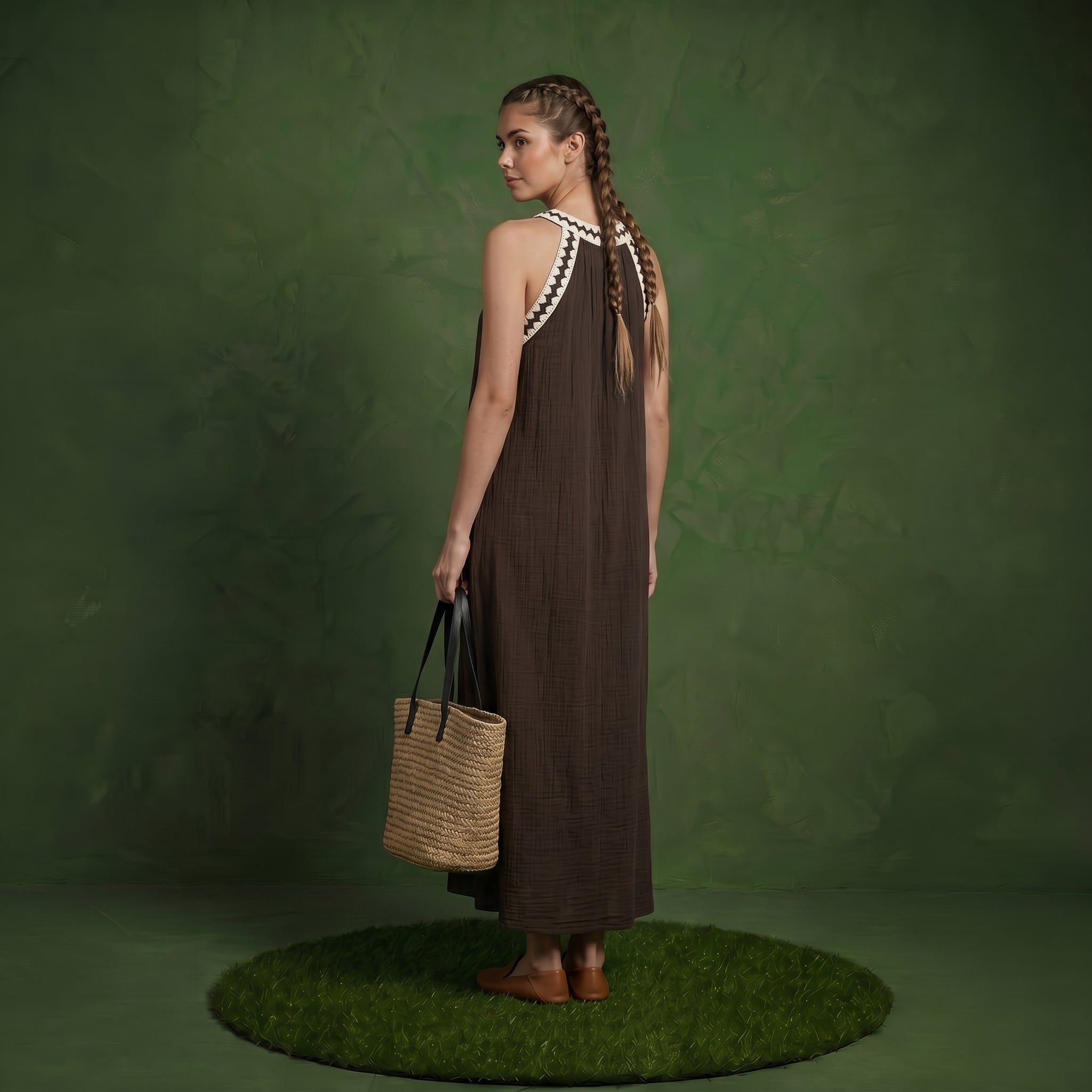 Anna-Kaci Sleeveless Halter Neck Maxi Dress with Contrast Trim Detail and Relaxed Flowy A-Line Silhouette