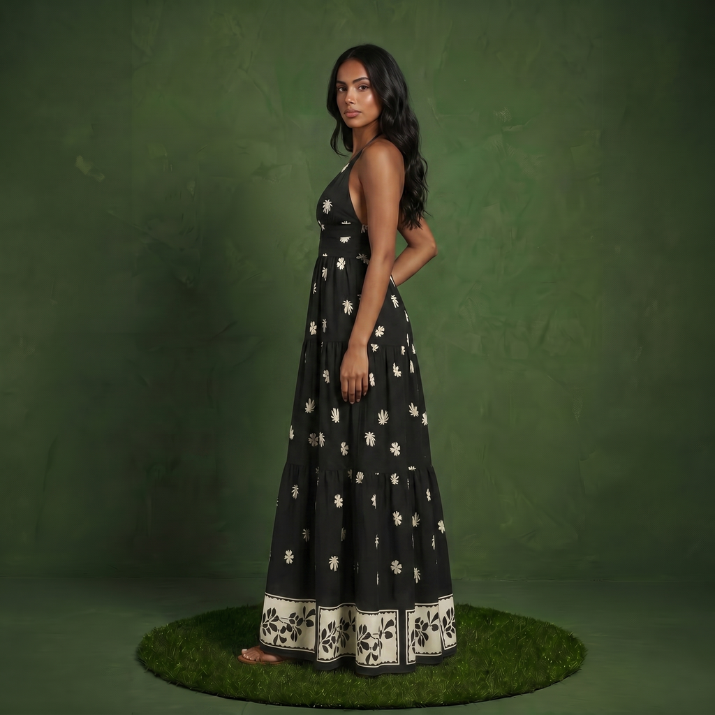 Anna-Kaci Sleeveless Halter Neck Maxi Dress with Floral Print Keyhole Detail and Tiered Flowy Silhouette