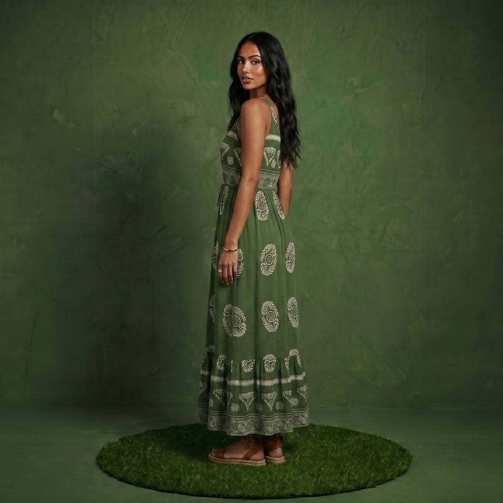 Anna-Kaci Sleeveless V Neck Maxi Dress with Bohemian Print Tiered Hem Detail and Relaxed Flowy Fit Design