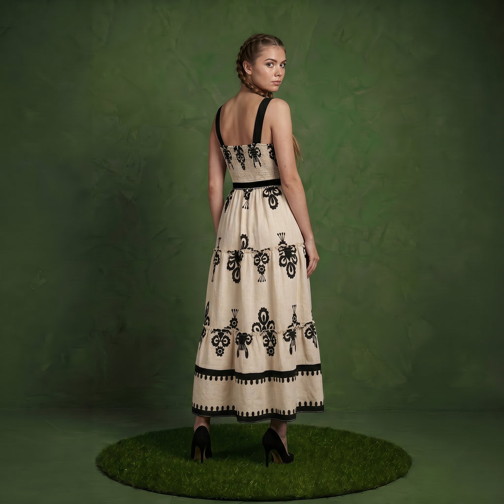 Anna-Kaci Sleeveless Smocked Midi Dress with Wide Straps Tiered Skirt and Bohemian Floral Print Design