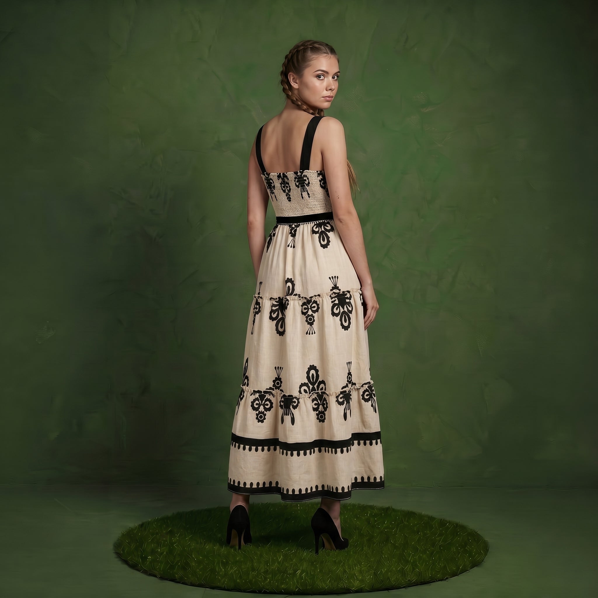 Anna-Kaci Sleeveless Smocked Midi Dress with Wide Straps Tiered Skirt and Bohemian Floral Print Design
