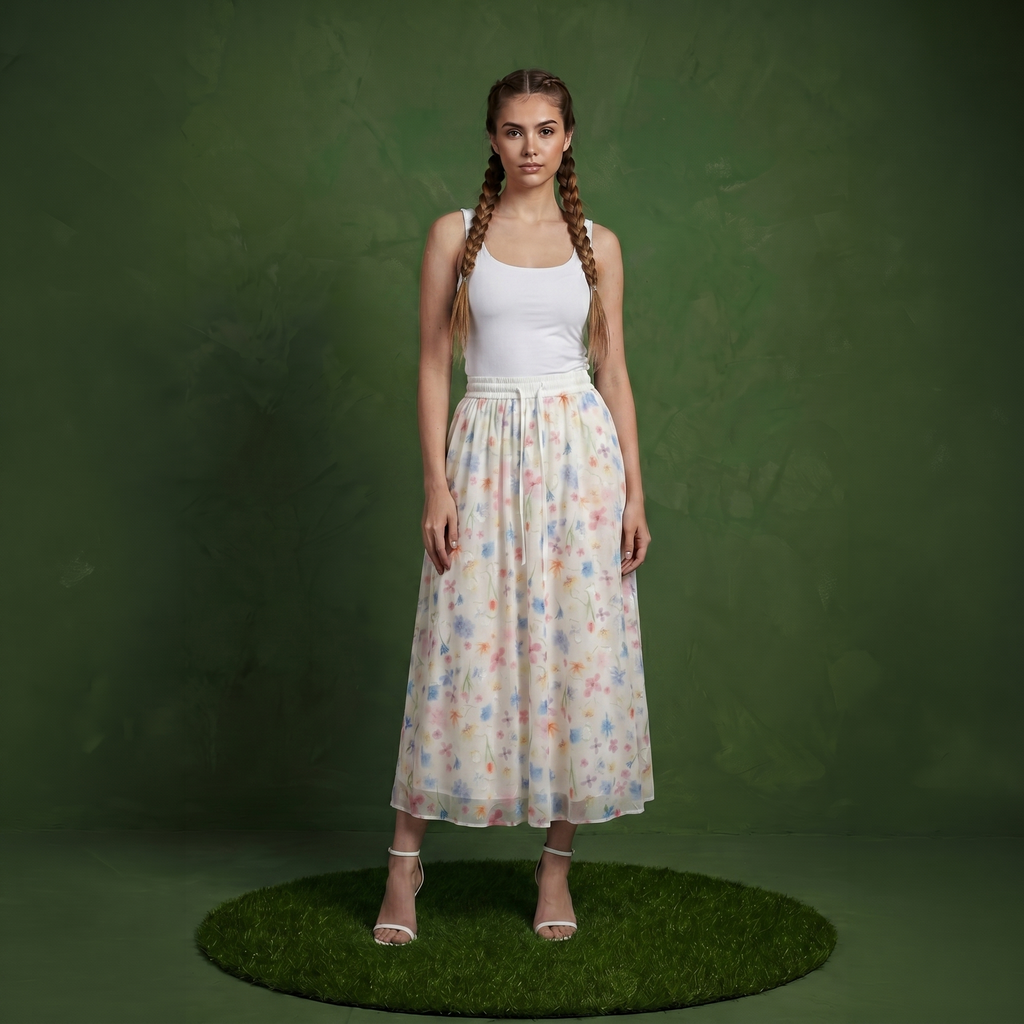 Anna-Kaci Women's Floral Midi Skirt Elastic Waist Flowy Lightweight Chiffon A Line Casual Skirt
