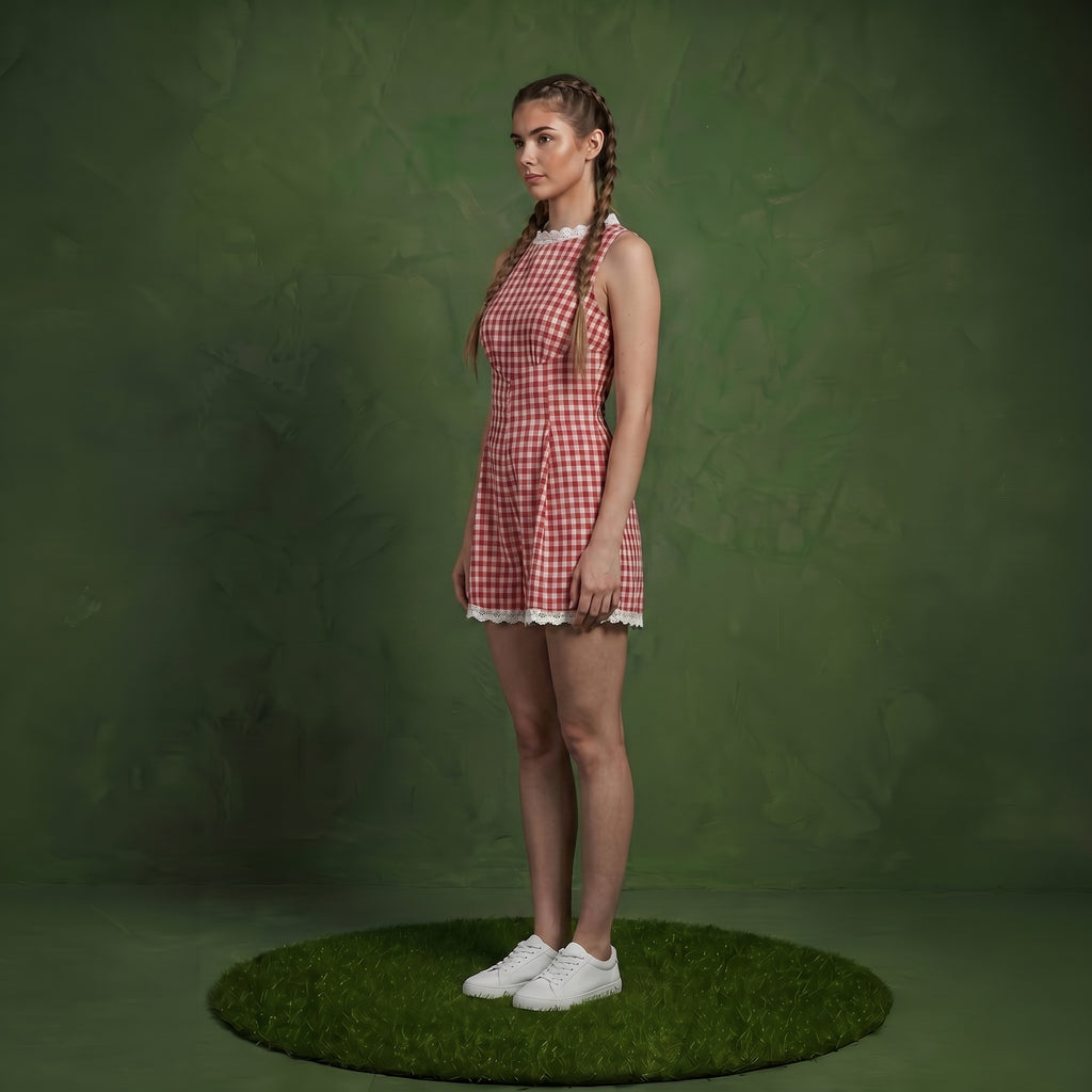 Anna-Kaci Women's Gingham Romper Sleeveless Lace Trim Fit and Flare Lightweight Casual One Piece