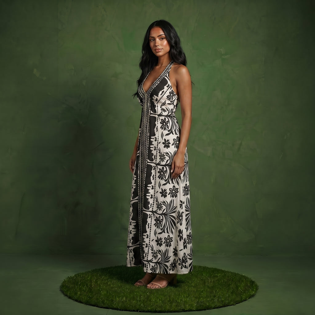 Anna-Kaci Women's Halter Neck Maxi Dress with Open Back Tie Design Flowy Printed Long Dress