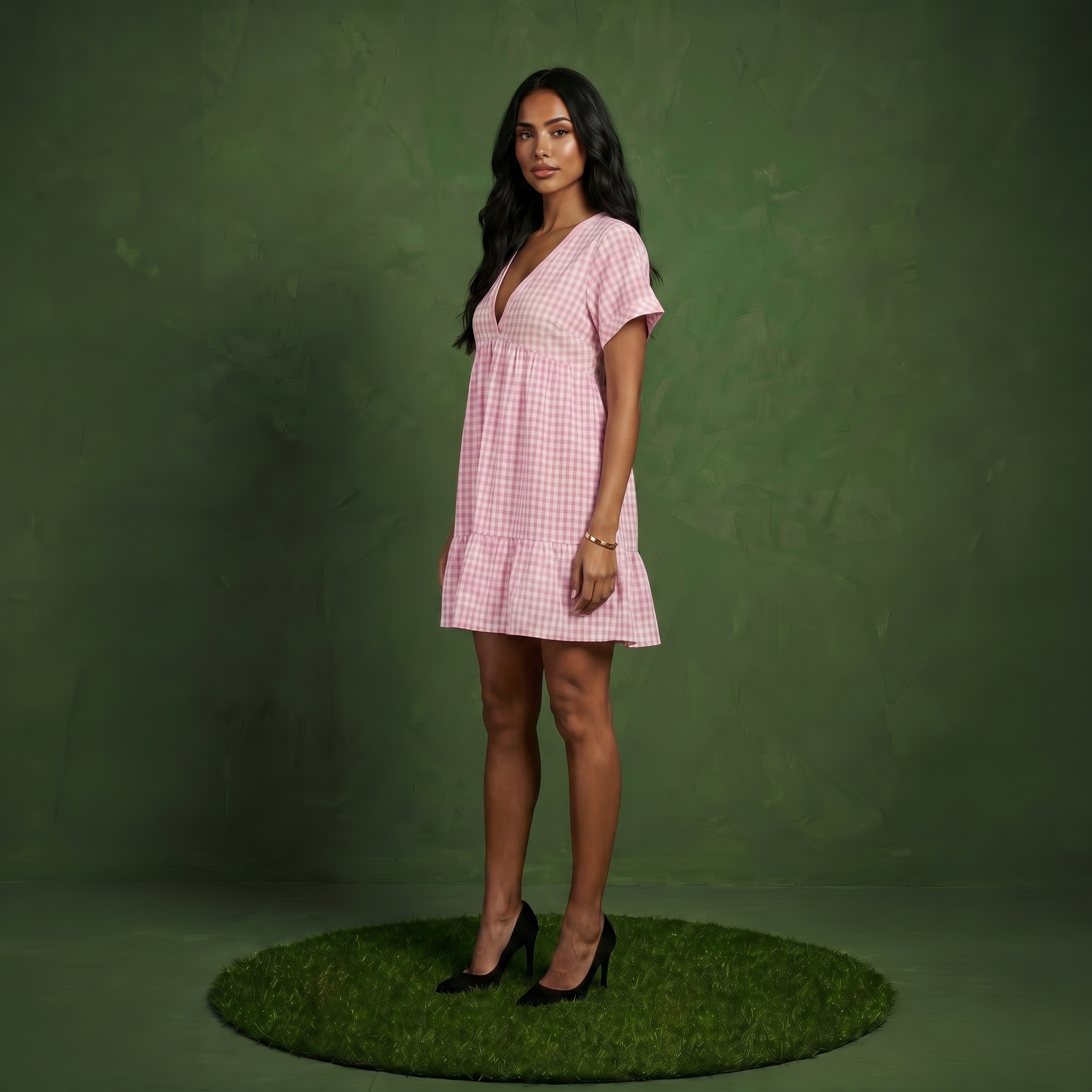 Anna-Kaci Women's Short Sleeve V Neck Plaid Mini Dress with Tiered Hem Loose Fit Casual Lightweight Summer Dress