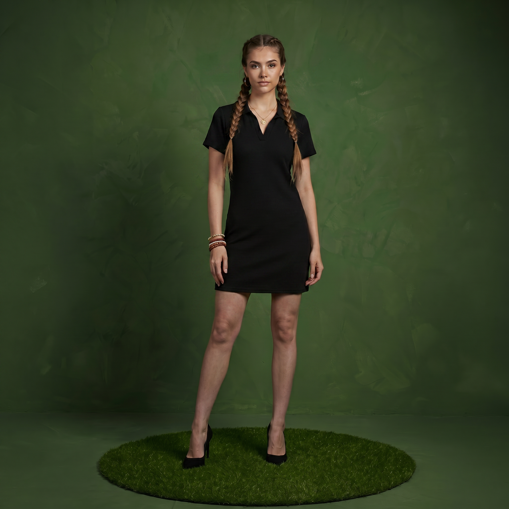 Anna-Kaci Women's Short Sleeve Collared Mini Dress with Split V Neck Textured Knit Relaxed Fit Casual Dress