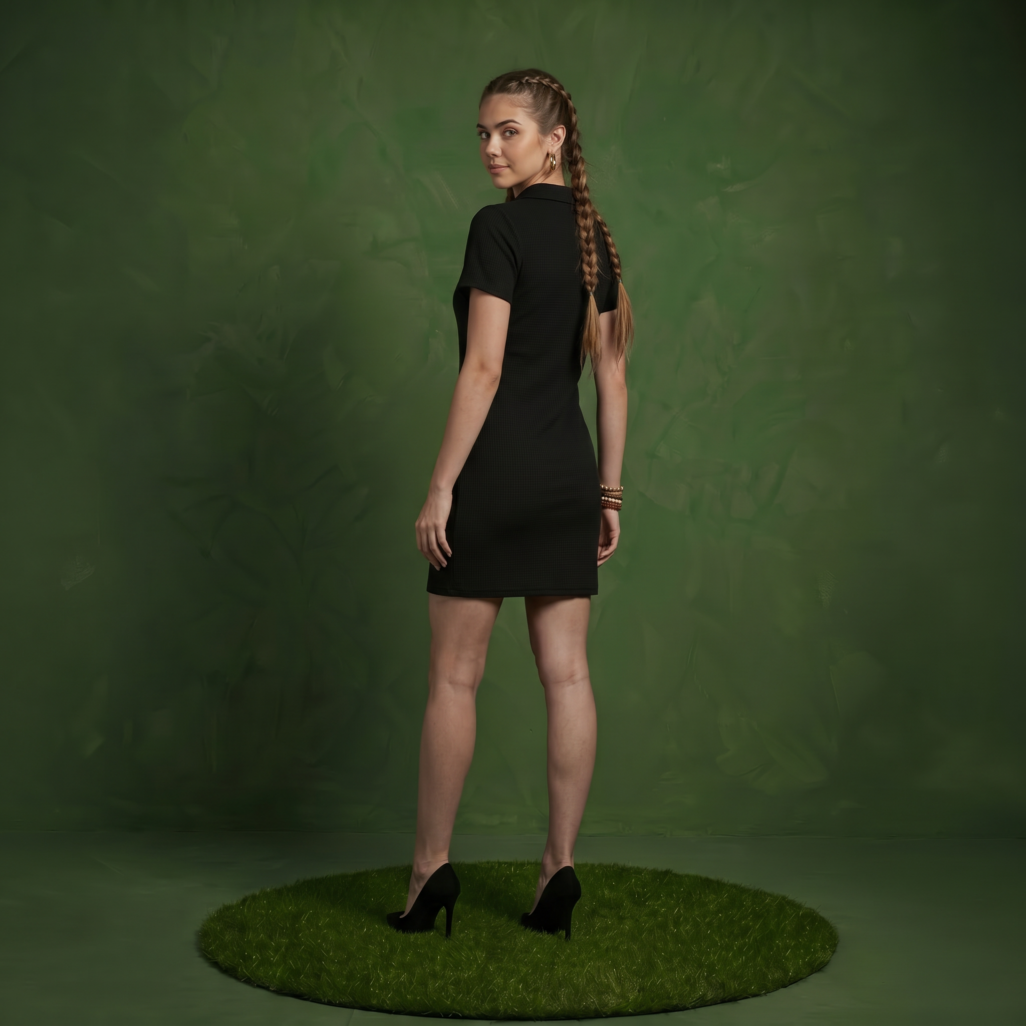 Anna-Kaci Women's Short Sleeve Collared Mini Dress with Split V Neck Textured Knit Relaxed Fit Casual Dress