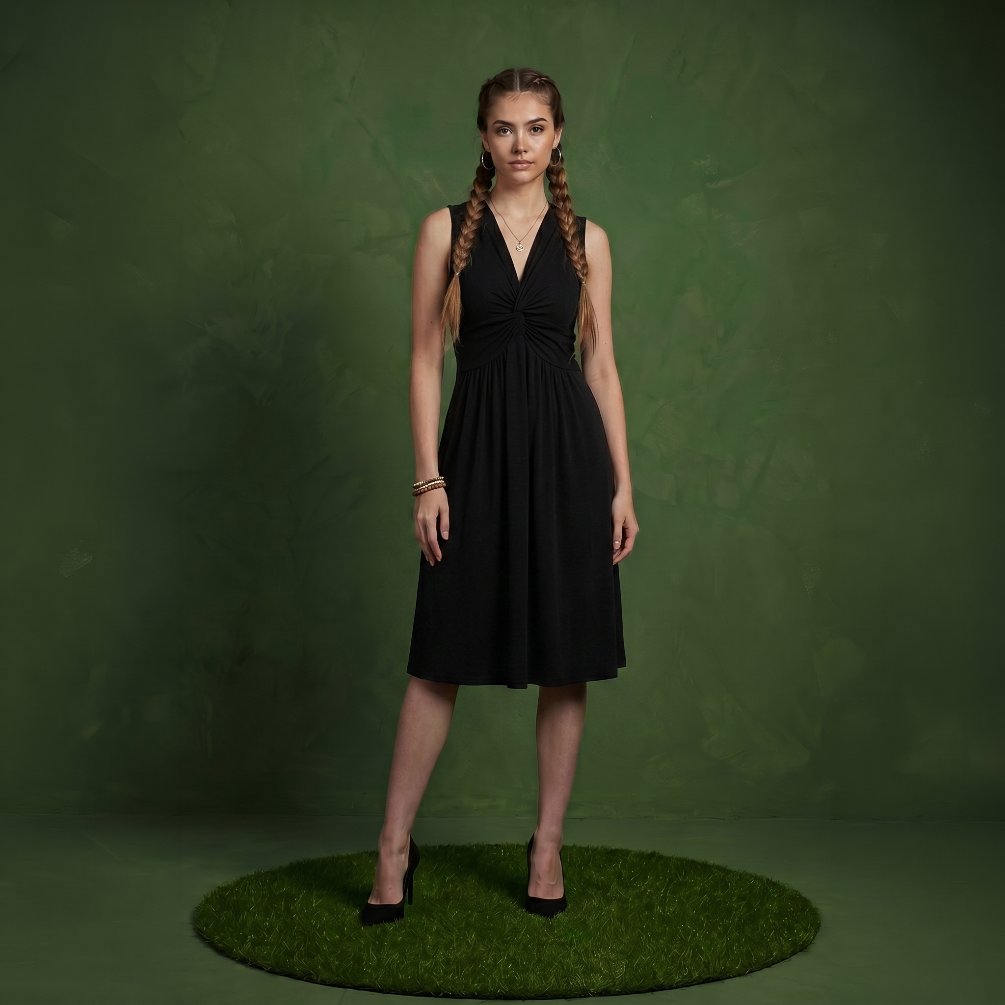 Anna-Kaci Women's Sleeveless V Neck Midi Dress with Front Twist Detail and Flowy A Line Silhouette