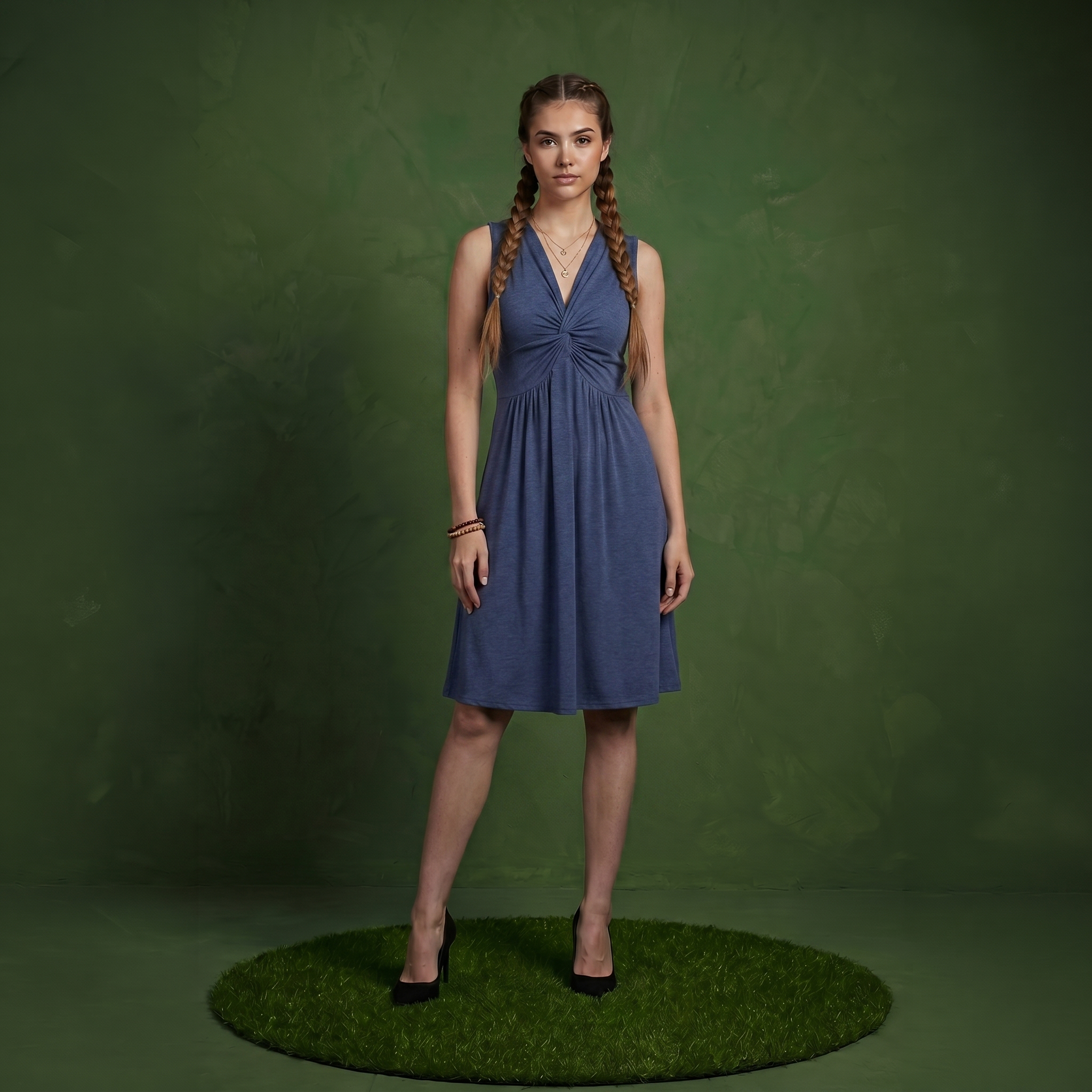 Anna-Kaci Women's Sleeveless V Neck Midi Dress with Front Twist Detail and Flowy A Line Silhouette