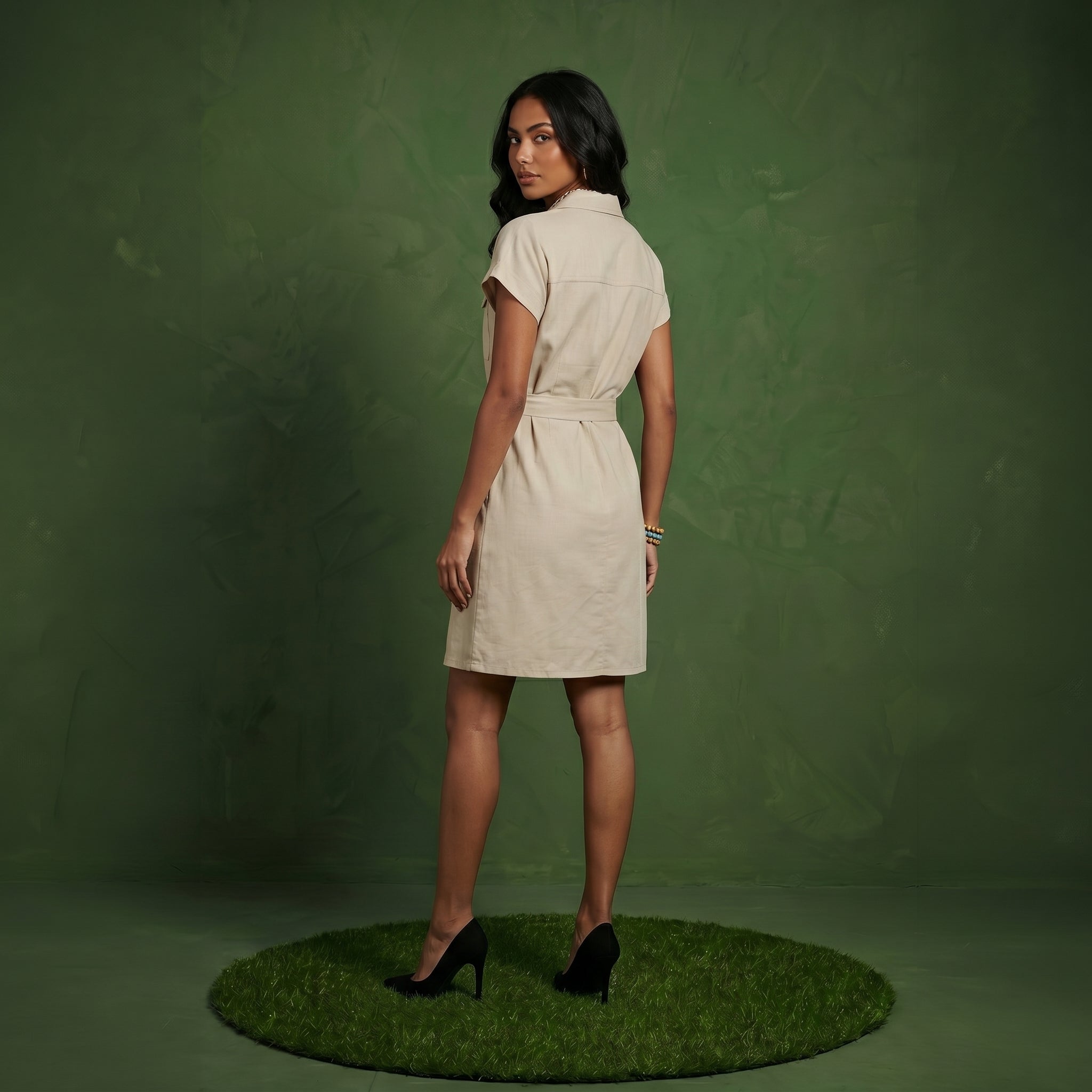 Anna-Kaci Women's Short Sleeve Button Front Shirt Dress with Collared Neckline and Adjustable Waist Tie