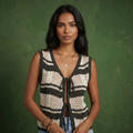 Anna-Kaci Women's Sleeveless Striped Crochet Knit Vest with Tie Front and Open Stitch Design