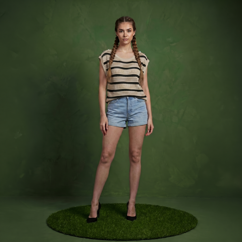 Anna-Kaci Women's Short Sleeve Striped Open Knit Top with Button Shoulder Detail and Relaxed Fit