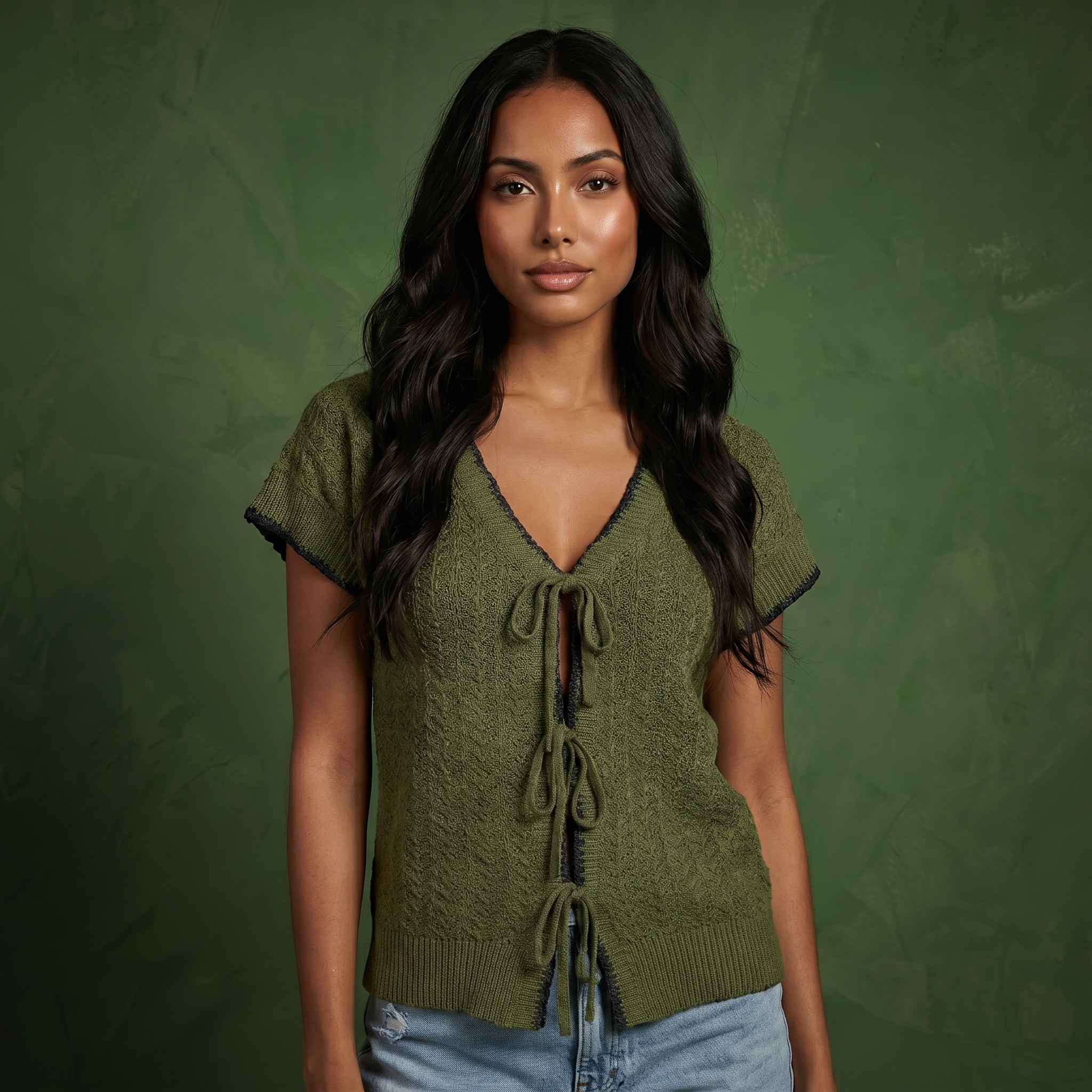 Anna-Kaci Women's Short Sleeve Knit Cardigan Top with V-Neck Tie Front and Contrast Trim