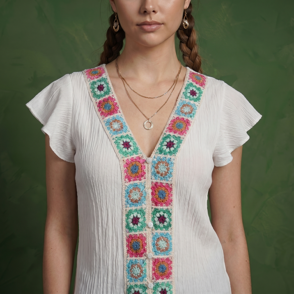 Anna-Kaci Women's Boho Embroidered V-Neck Flutter Sleeve Textured Blouse