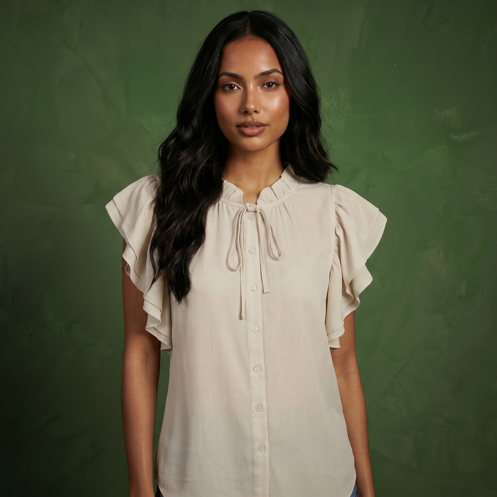 Anna-Kaci Women's Ruffle Flutter Sleeve Button Down Blouse with Tie Neck