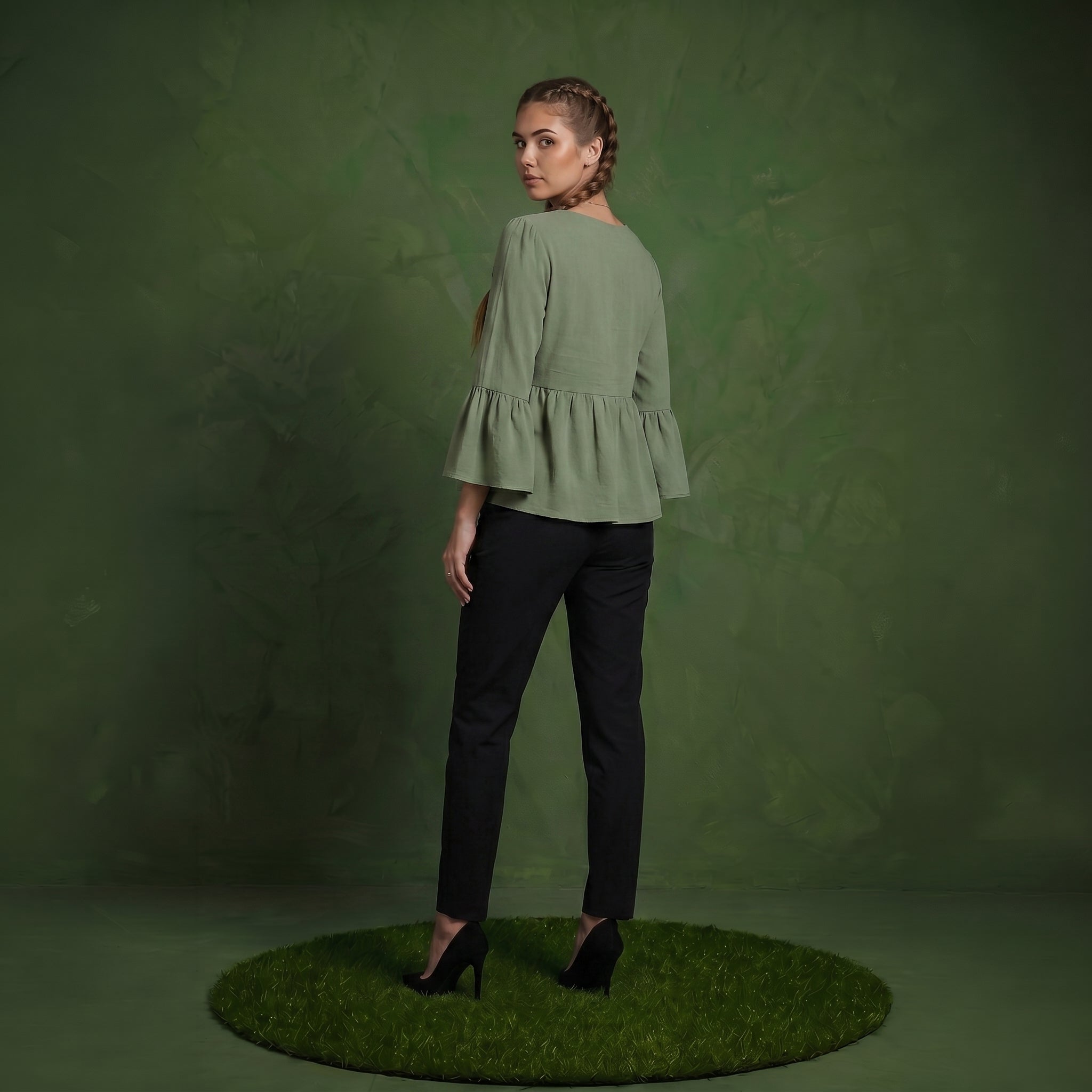 Anna-Kaci Women's V-Neck Bell Sleeve Peplum Blouse with Button Detail and Gathered Waist