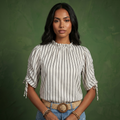 Anna-Kaci Women's Striped Short Sleeve Blouse with Ruffle Trim High Neck and Ruched Tie Sleeves