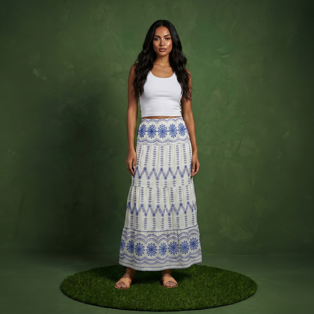 Anna-Kaci Women's Embroidered Maxi Skirt with Tiered A Line Silhouette and Border Detail
