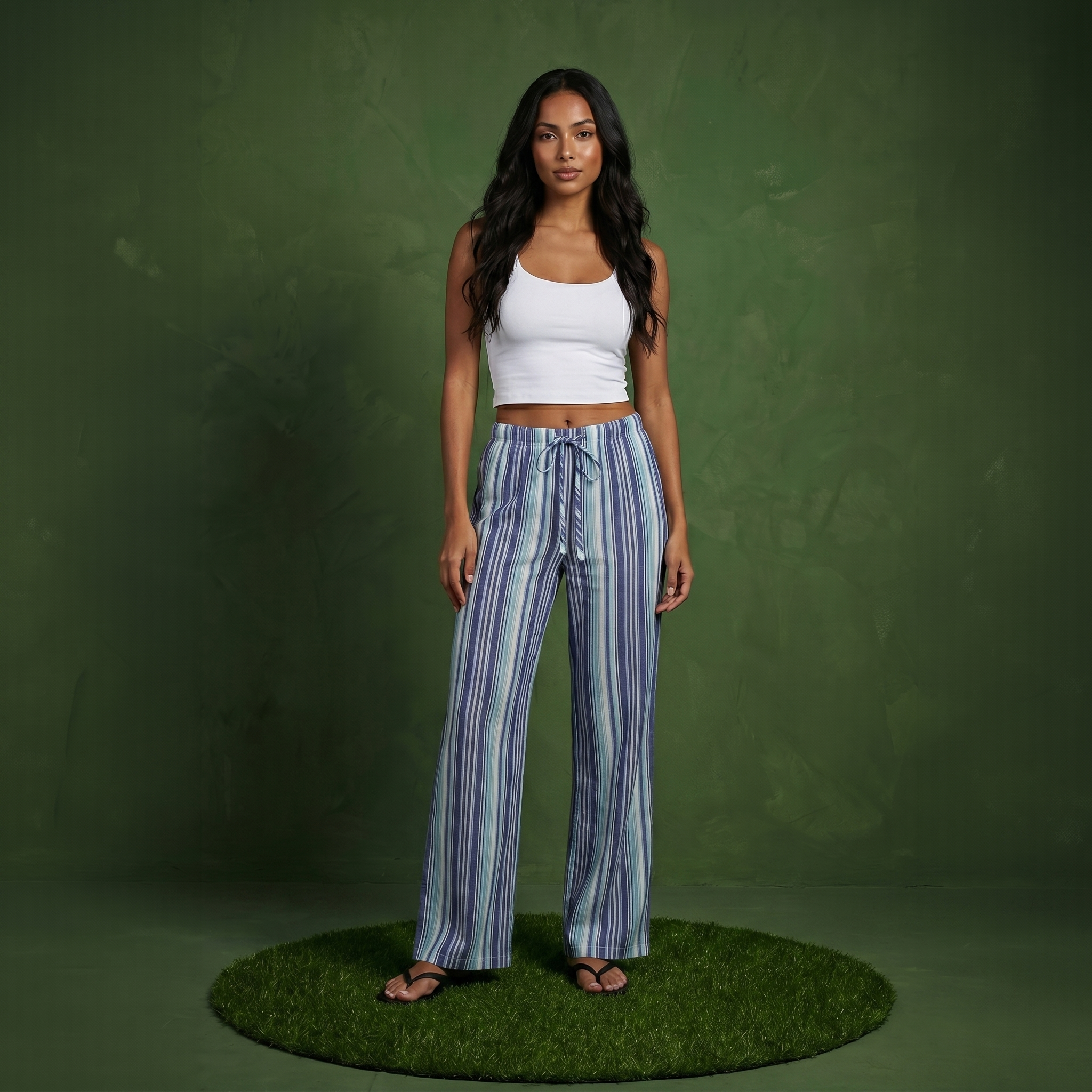 Anna-Kaci Women's Striped Wide Leg Pants with Drawstring Waist