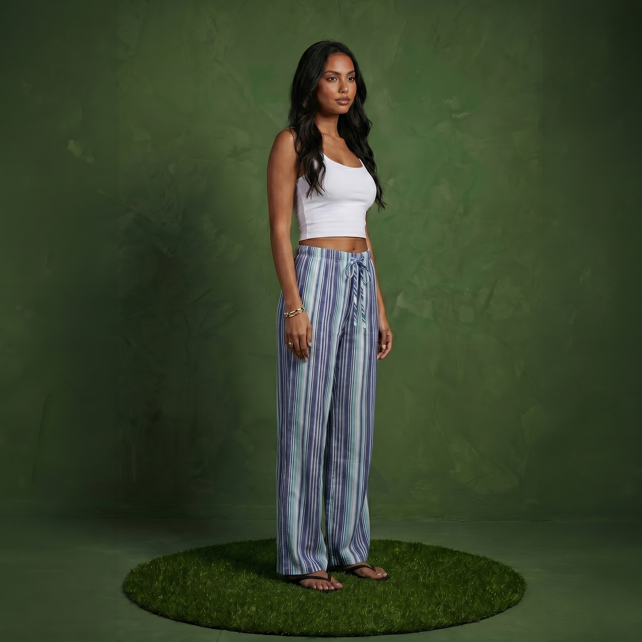 Anna-Kaci Women's Striped Wide Leg Pants with Drawstring Waist