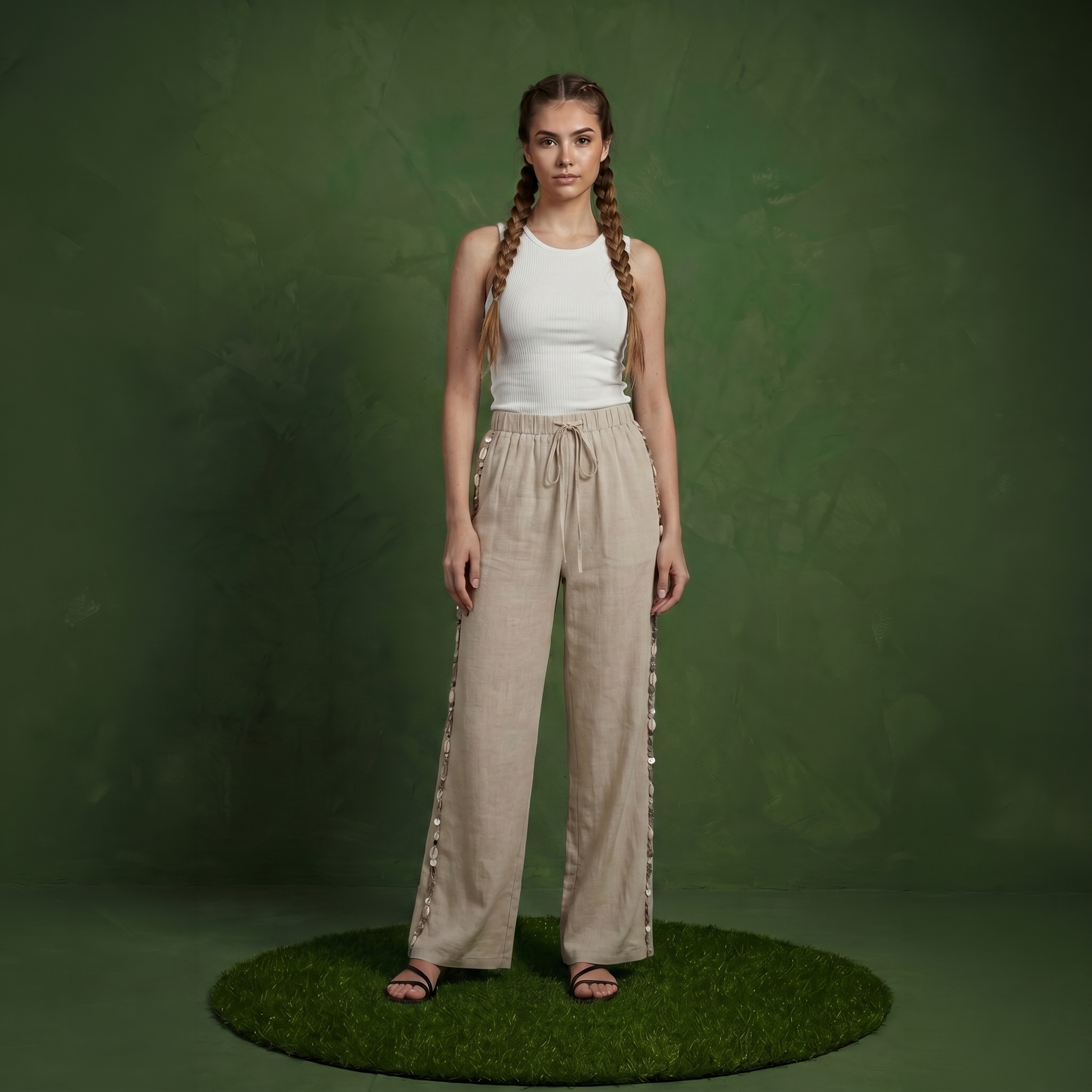 Anna-Kaci Women's Wide Leg Pants with Drawstring Waist and Side Sequin Trim