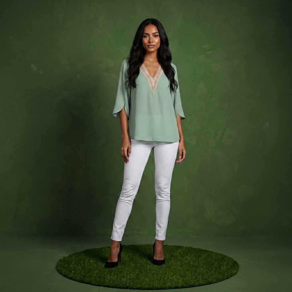 Anna-Kaci Women's Split Sleeve V-Neck Blouse with Crochet Detail
