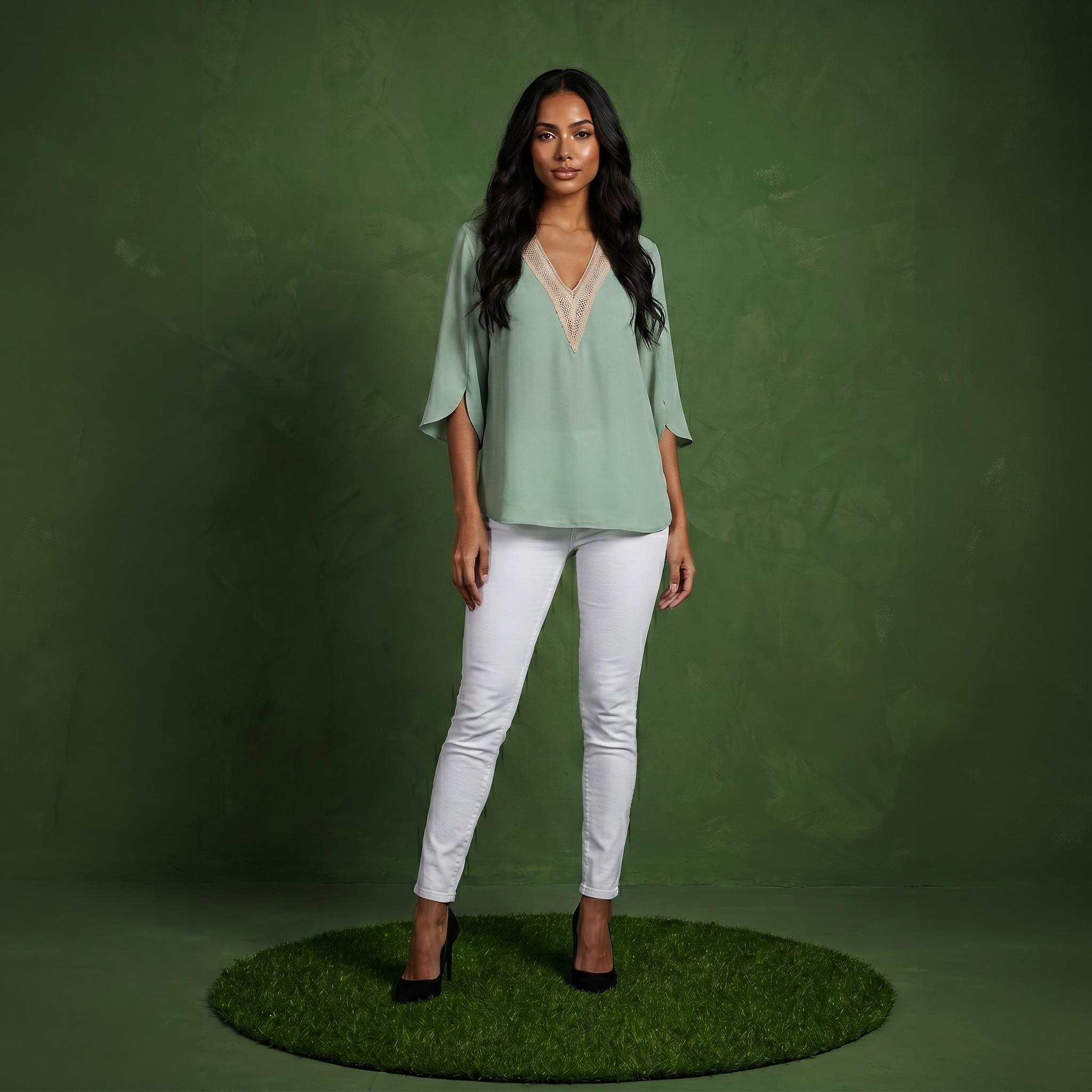 Anna-Kaci Women's Split Sleeve V-Neck Blouse with Crochet Detail