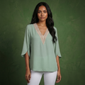 Anna-Kaci Women's Split Sleeve V-Neck Blouse with Crochet Detail