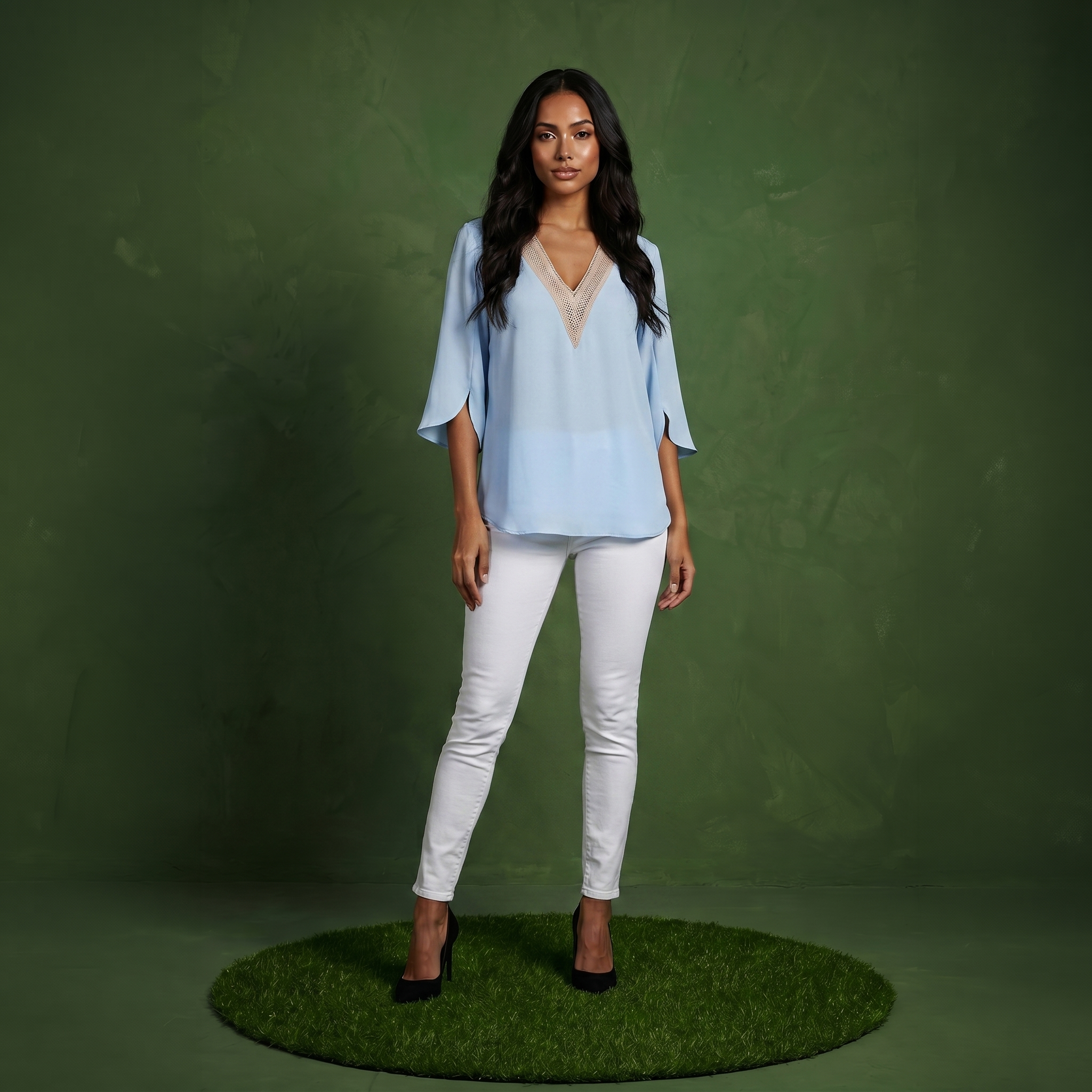 Anna-Kaci Women's Split Sleeve V-Neck Blouse with Crochet Detail